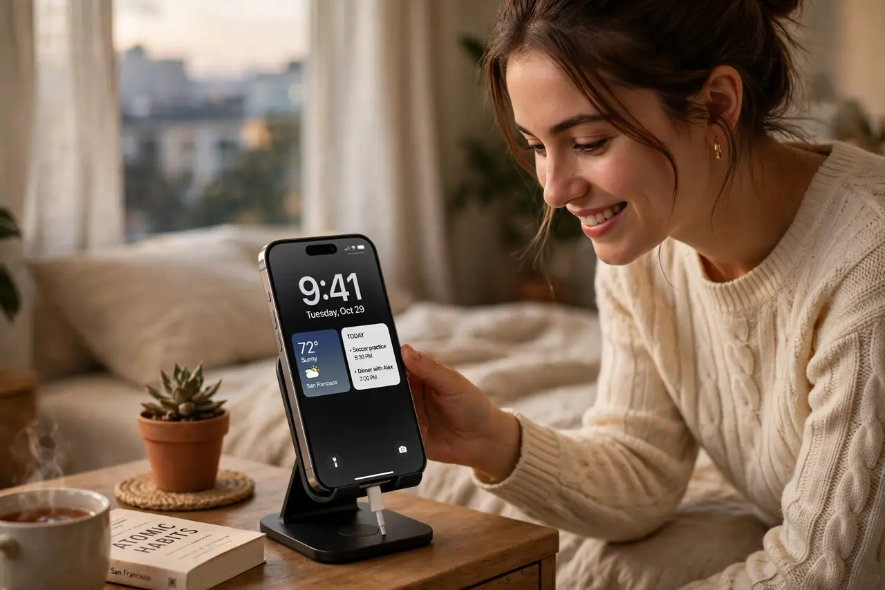 A person placing a real iPhone on a charging stand on a nightstand, the screen showing a customized StandBy display with a large legible clock and widgets, the person's face delighted, cozy bedroom….