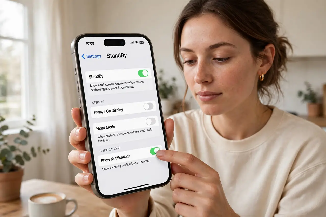 Photoreal photo of a person performing the first step: Turn StandBy on in Settings. Go to Settings, then Standby, and make sure it is enabled. If S...