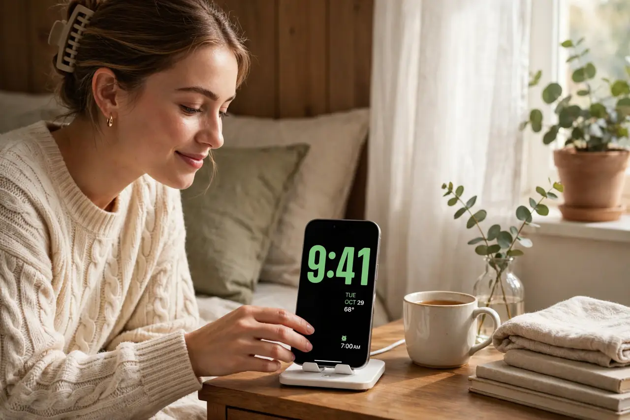 Photoreal photo: a person placing a real iPhone sideways on a nightstand charger, the screen showing a large legible clock in StandBy mode, the person's face relaxed, cozy bedroom evening light. No black screen, no...