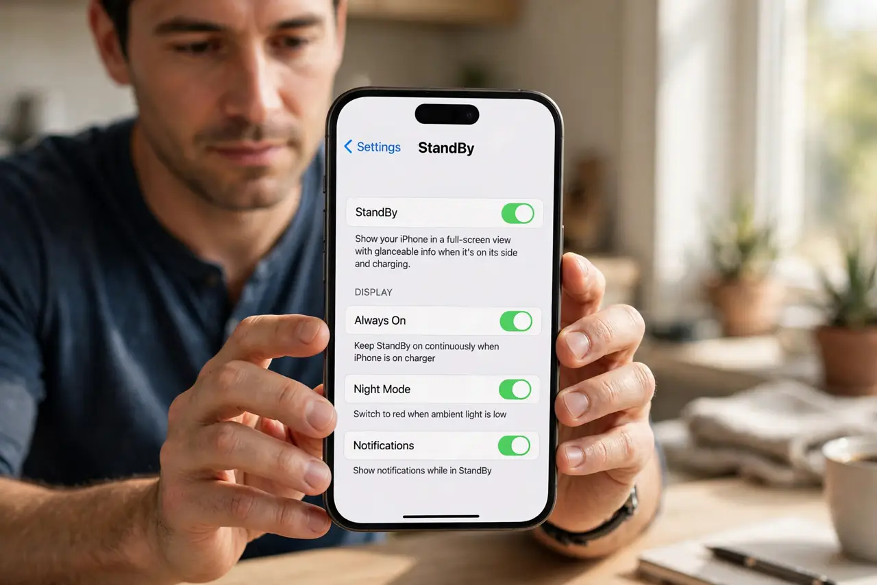 iPhone StandBy Shows the Wrong Widgets at Night — step 1 being performed on the device.
