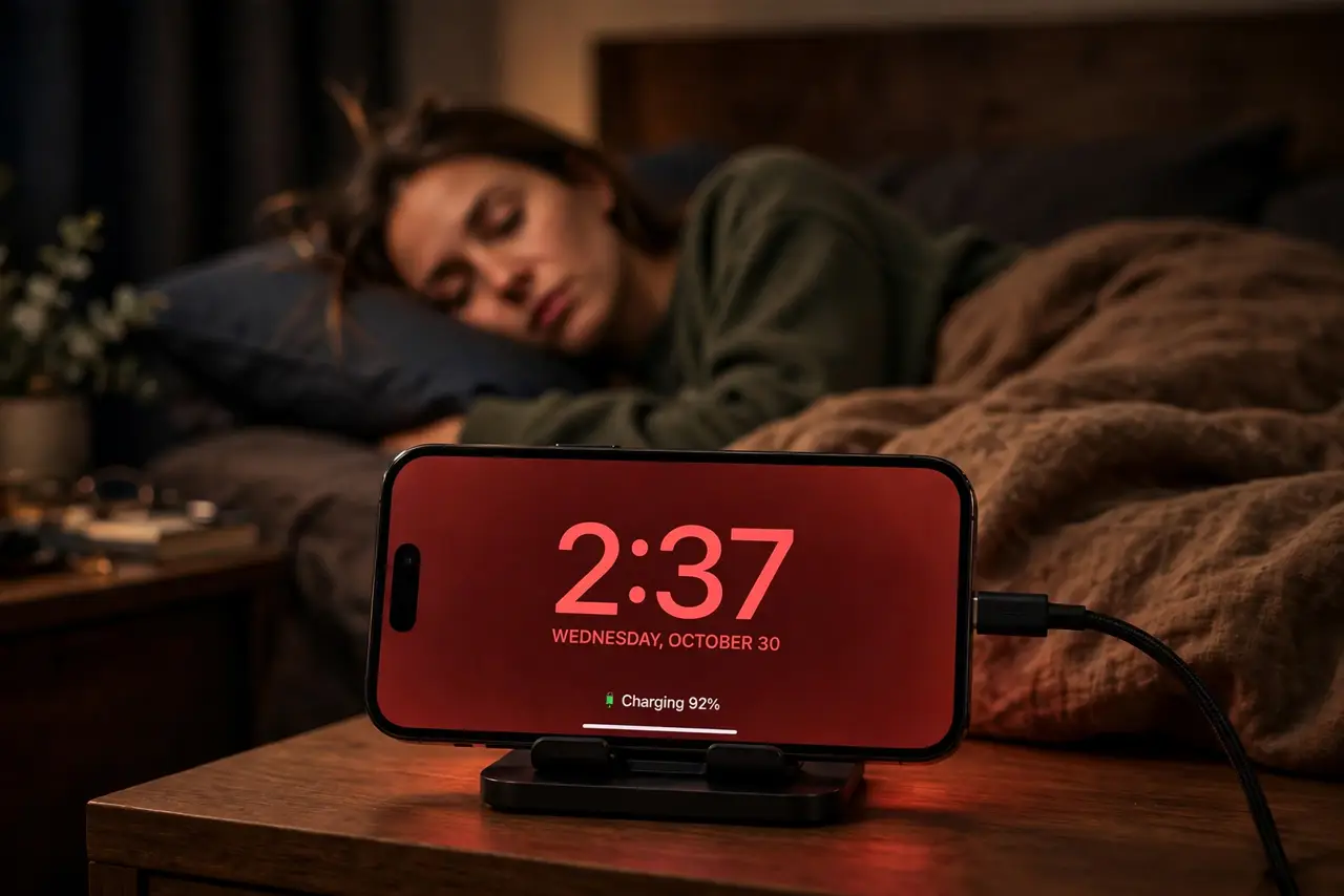 A real iPhone on a nightstand charger at night showing the StandBy clock in deep red, fully legible, a person half-asleep in bed in the background, warm dark bedroom.