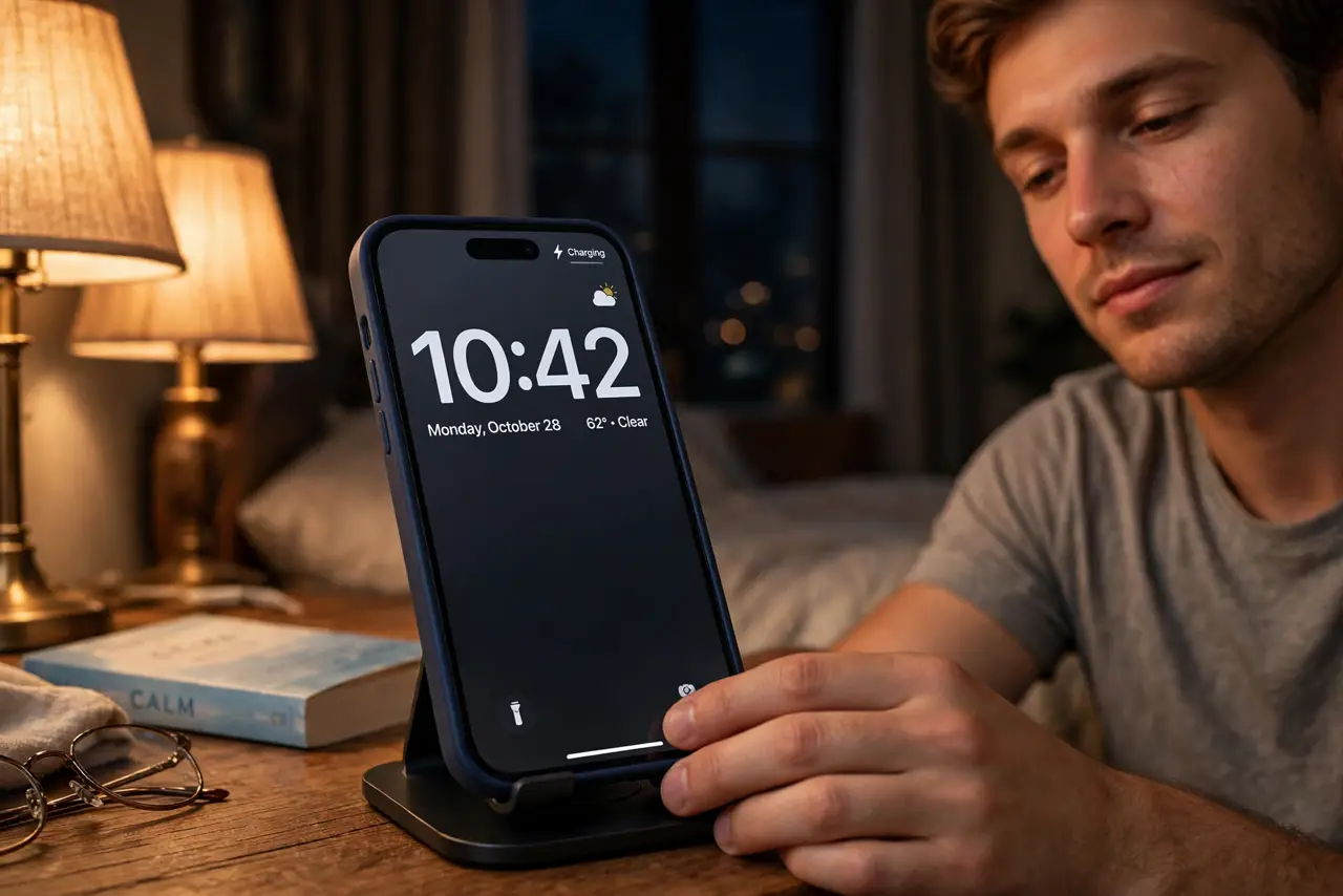 StandBy Shows the Wrong Orientation — a person placing a real iPhone sideways on a nightstand charger at night, the screen showing the large StandBy