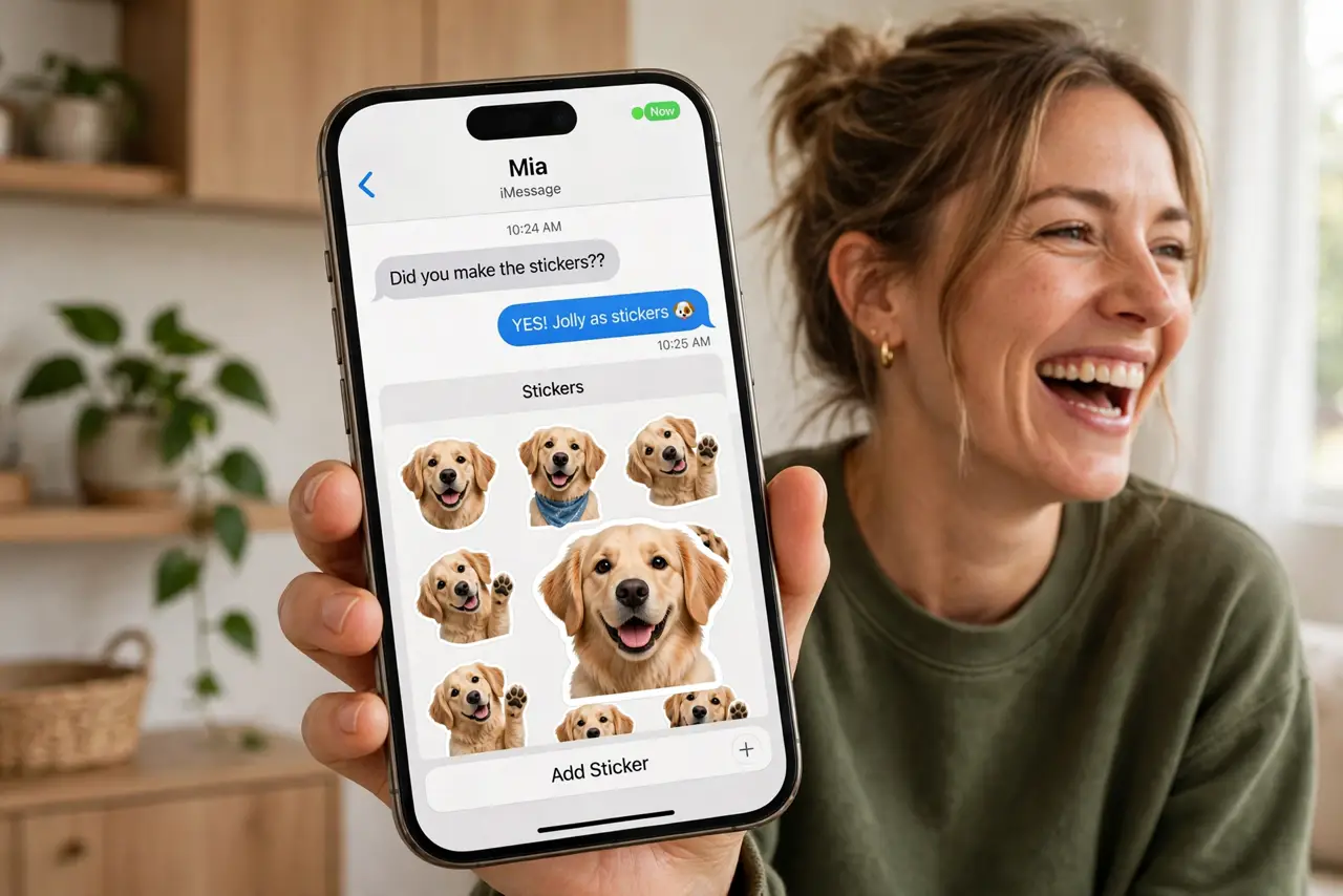 a person holding a real iPhone showing custom photo stickers of a real dog in Messages, the person laughing, bright home setting. No black screen, no blank white screen, no fake or.