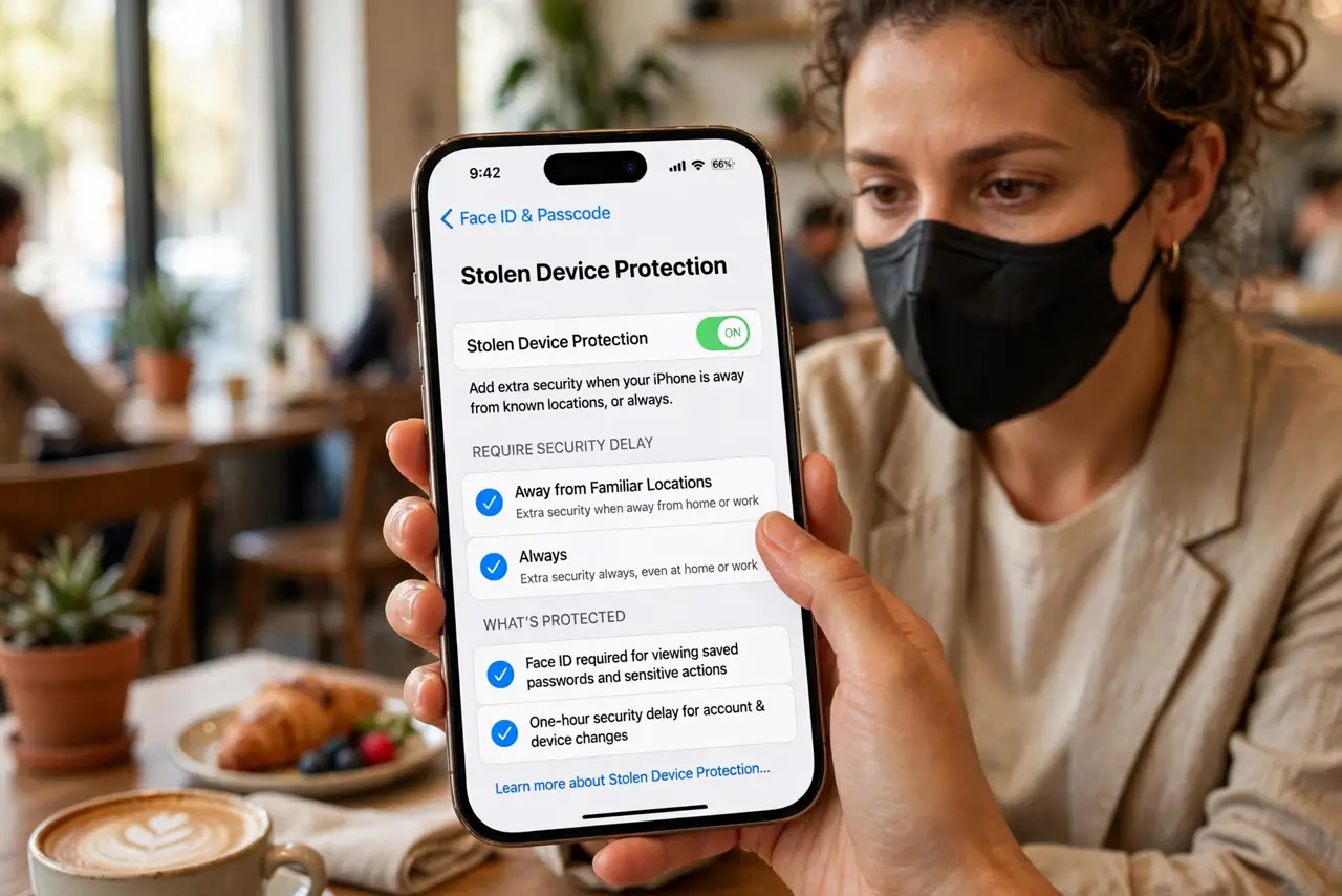 A person enabling a security setting on a real iPhone, the Stolen Device Protection screen legible, the phone screen large and readable, the person's face…