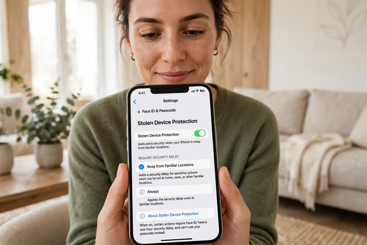 a person enabling Stolen Device Protection on a real iPhone settings screen with legible toggles, in a bright living room, the person's face reassured.