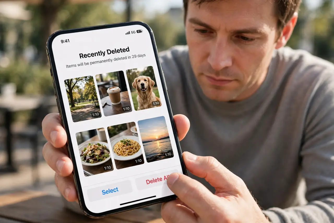 Person performing step 1: Empty the Recently Deleted album. Open Photos, then Albums, then Recently Deleted, and tap Delete All. Deleted photos stay there for 30...