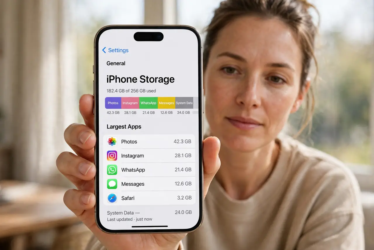Photorealistic photo: A calm adult holding an iPhone toward the viewer, the real iPhone screen showing Settings, General, iPhone Storage, with the storage bar and largest apps legible.