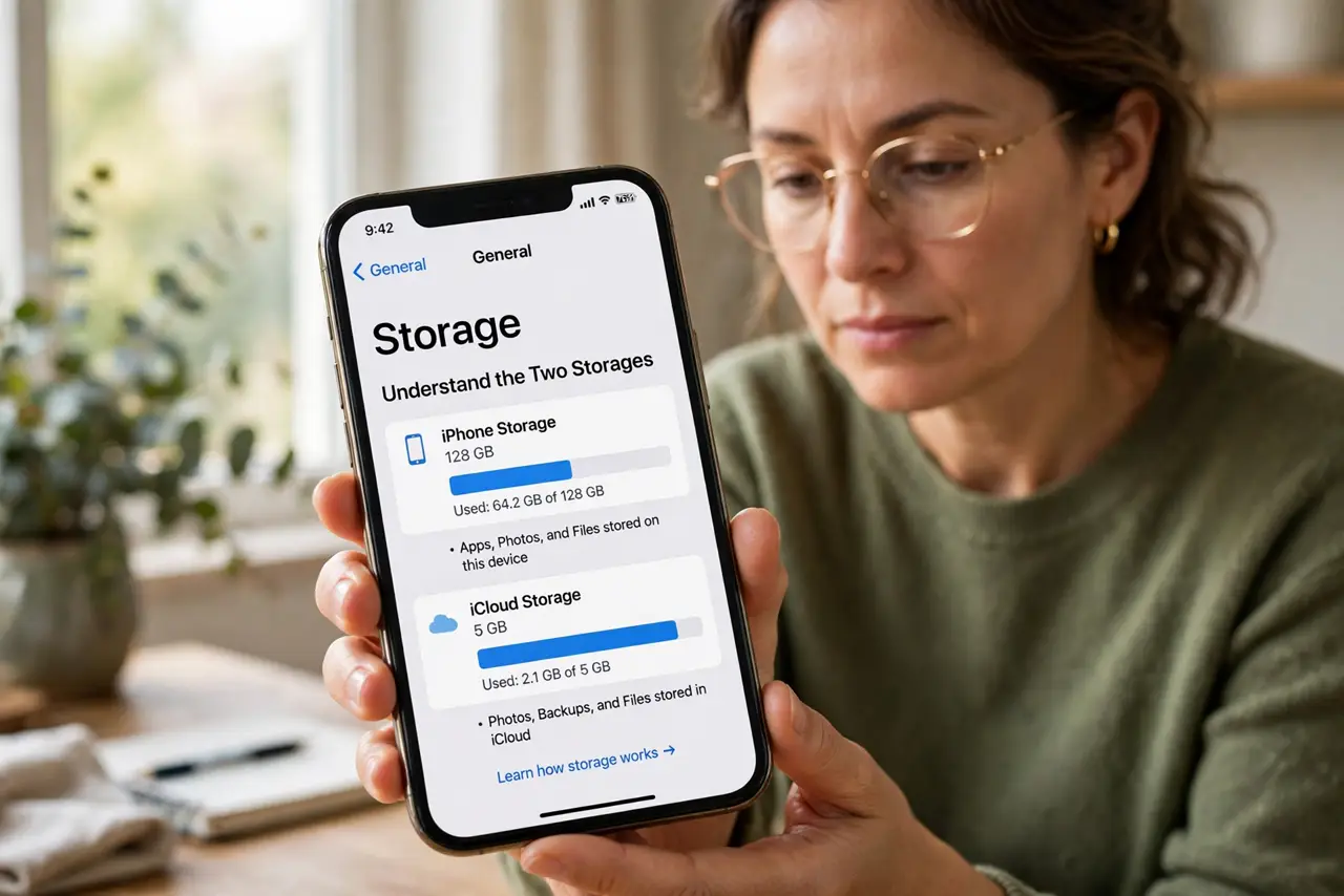 Step 1 in action for iPhone Full but iCloud Has Space: Understand the two storages.