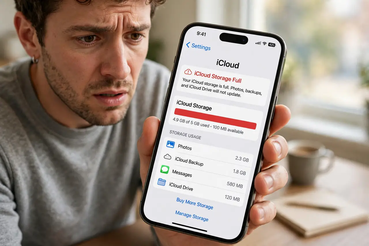 iPhone Full but iCloud Has Space — a confused adult looking at an iPhone showing storage full warning beside iCloud settings showing free space,