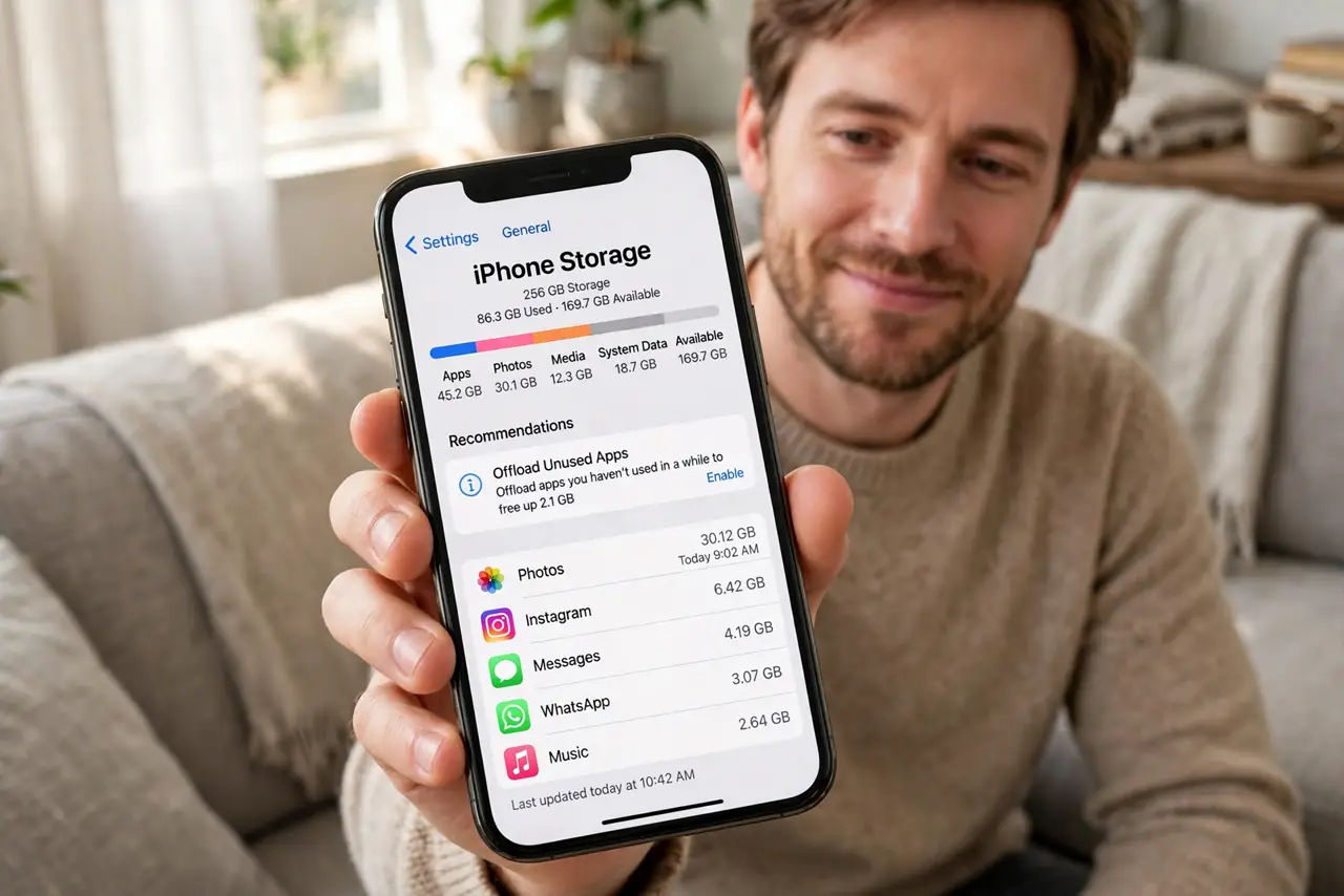 a person holding a real iPhone showing the storage settings screen with a legible breakdown bar, the person's face relieved, couch at home.