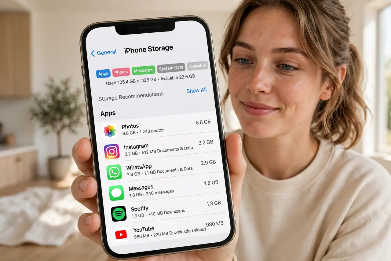 a person holding a real iPhone showing the storage settings screen with a legible app-by-app breakdown, the person's face relieved, bright room.