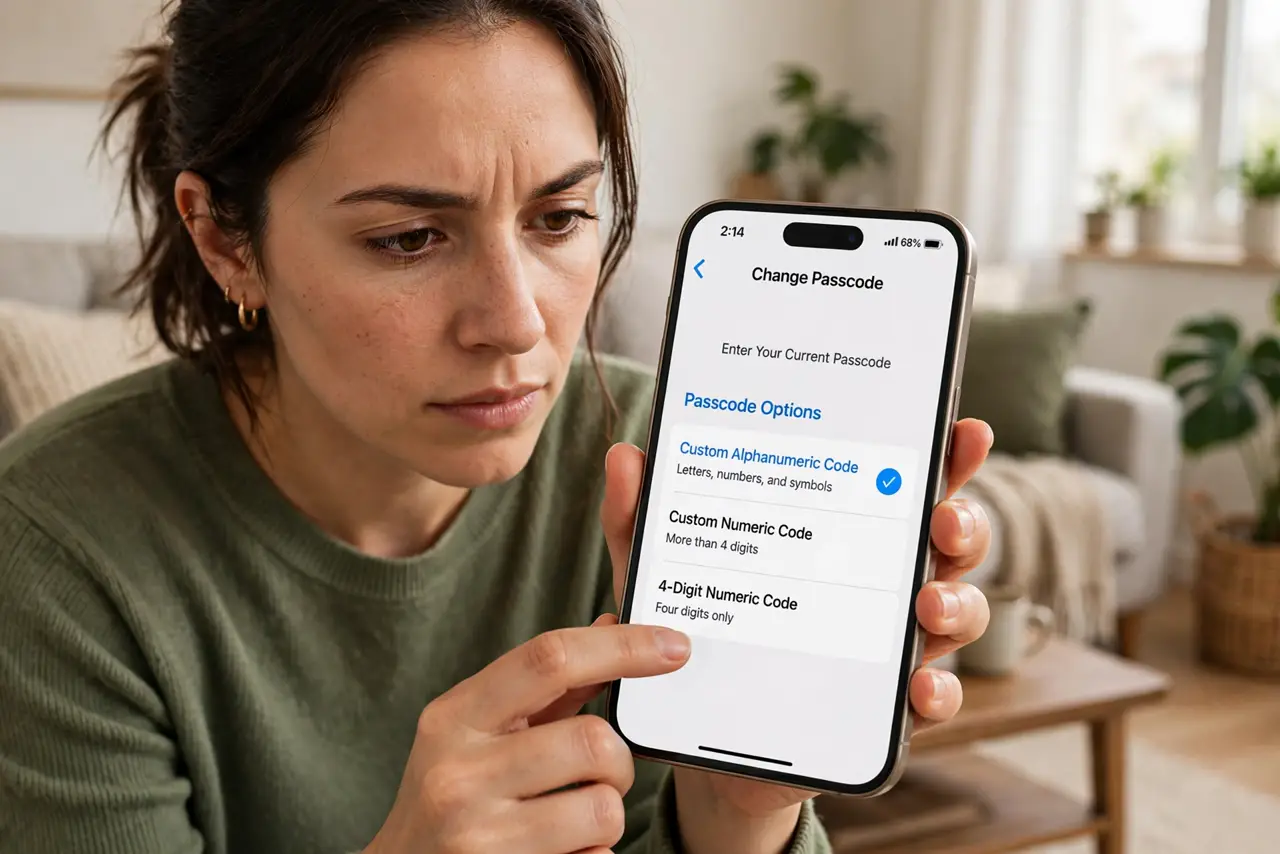 A person changing the passcode on a real iPhone, the Passcode Options screen with alphanumeric choice legible, the phone screen large and readable, the…