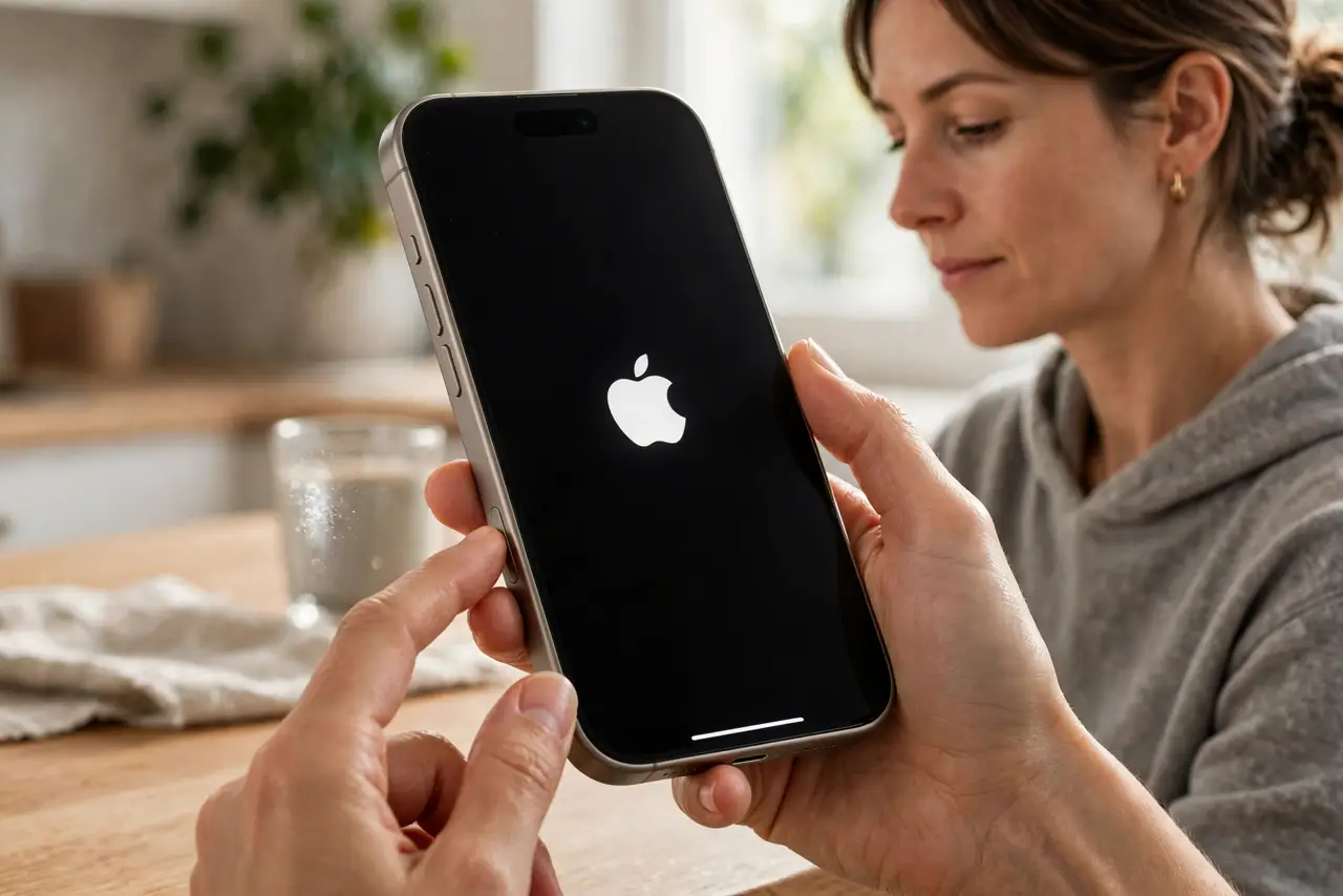 Step 1 in action for iPhone Stuck on the Apple Logo: Force-restart with the button sequence.
