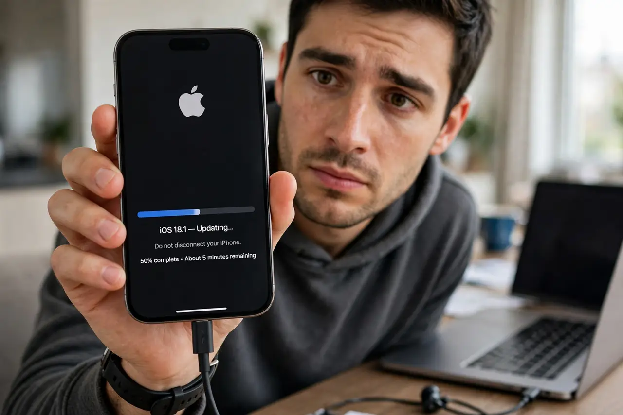 iPhone Stuck on the Apple Logo — a person holding a real iPhone showing the Apple logo with a stalled progress bar on screen, the phone connect