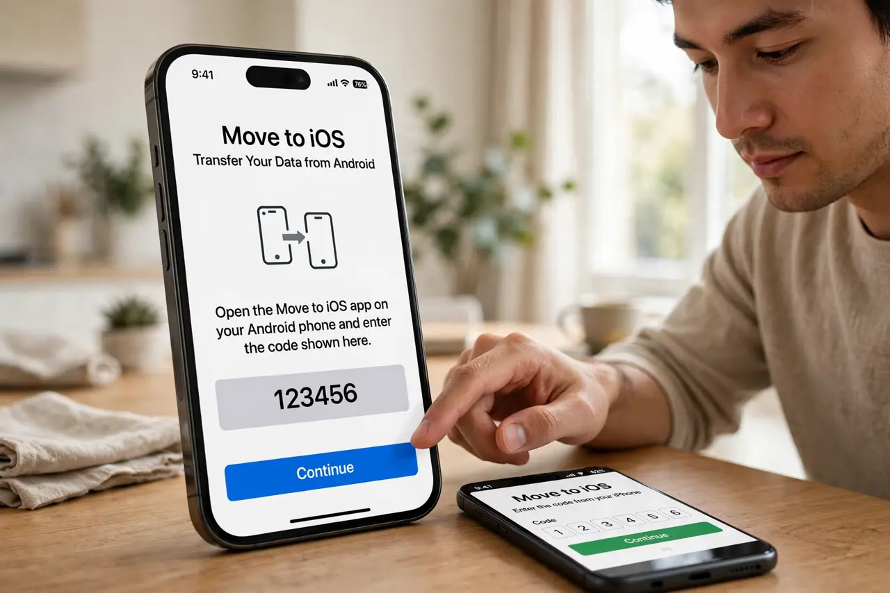 Photoreal photo of a person performing the first step: Start during iPhone setup. On the new iPhone's setup screens, choose to transfer from Androi...