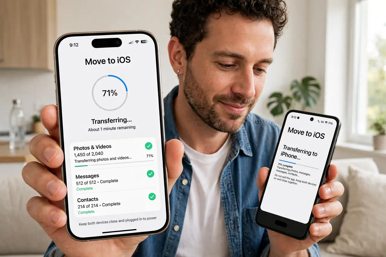 Photoreal photo: a person holding a real iPhone and a real Android phone side by side, the iPhone showing the Move to iOS transfer screen with progress legible, the person's face hopeful, bright room. No black scre...