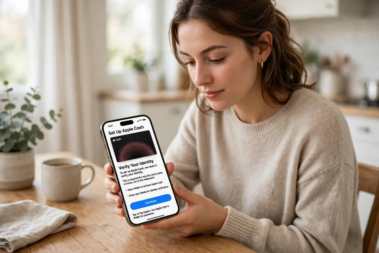 A person performing the first step of the guide: Set up Apple Cash first.