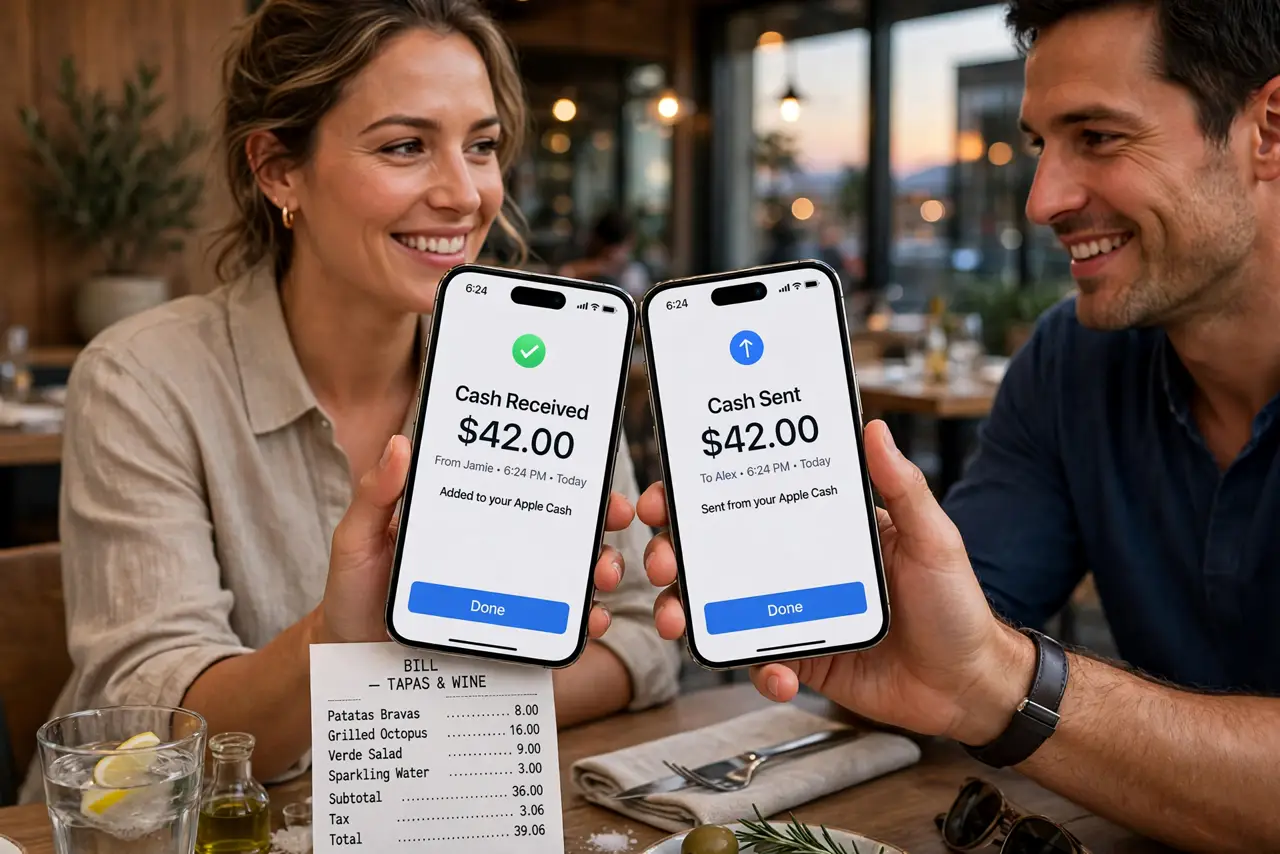 two people at a restaurant table each holding a real iPhone close together, the Tap to Cash confirmation visible and legible on screen, the bill on the table, both faces smiling, evening.