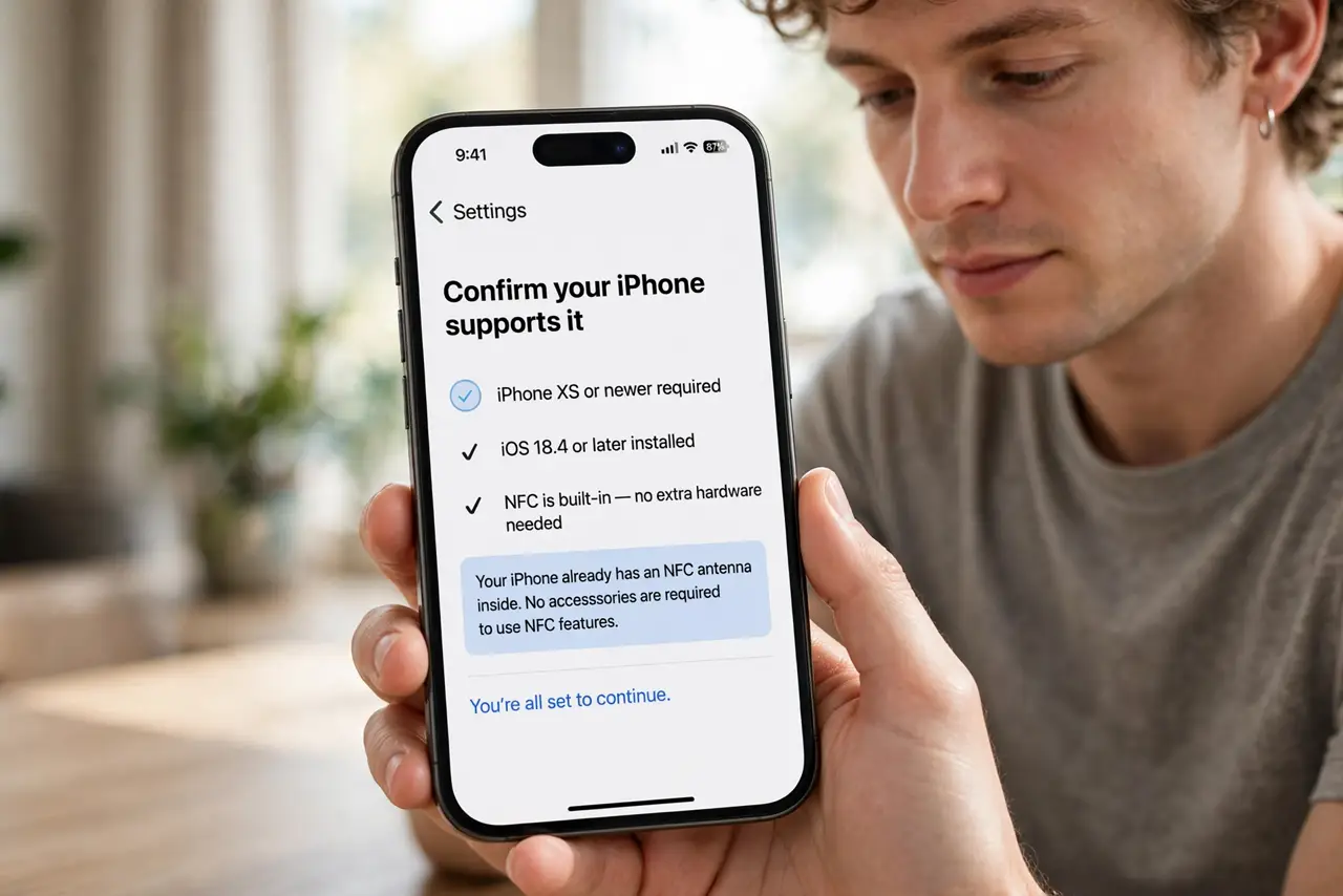 A person performing step 1: Confirm your iPhone supports it. You need an iPhone XS or newer with a recent iOS version. No extra hardware i.