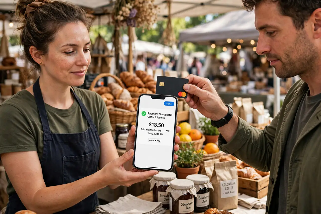 A small business owner holding a real iPhone toward a customer who is tapping a real contactless card near the top of the phone, a market stall with.