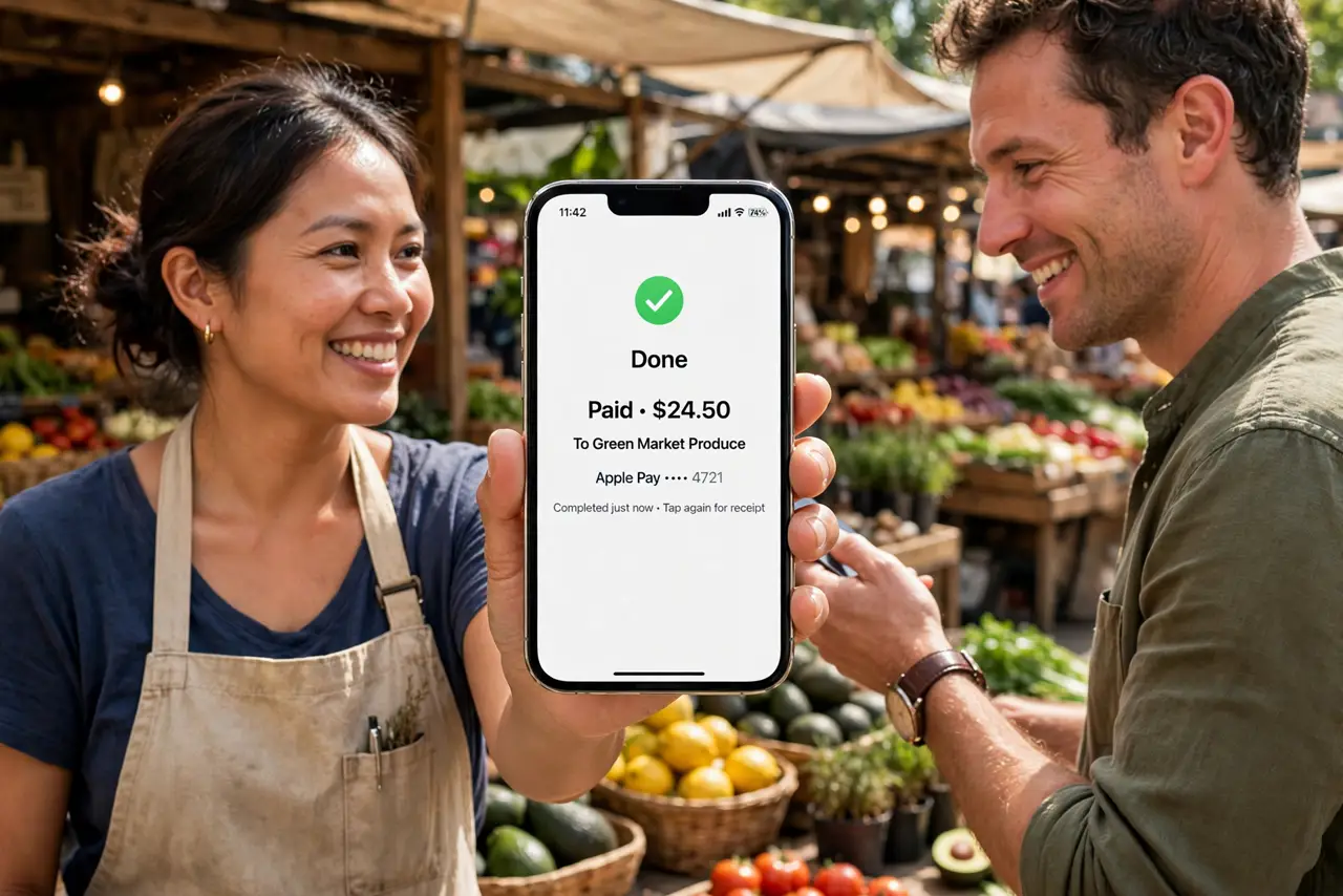 A market vendor holding a real iPhone accepting a customer's tap payment with the payment confirmation fully legible, market stalls behind, both faces pleased.