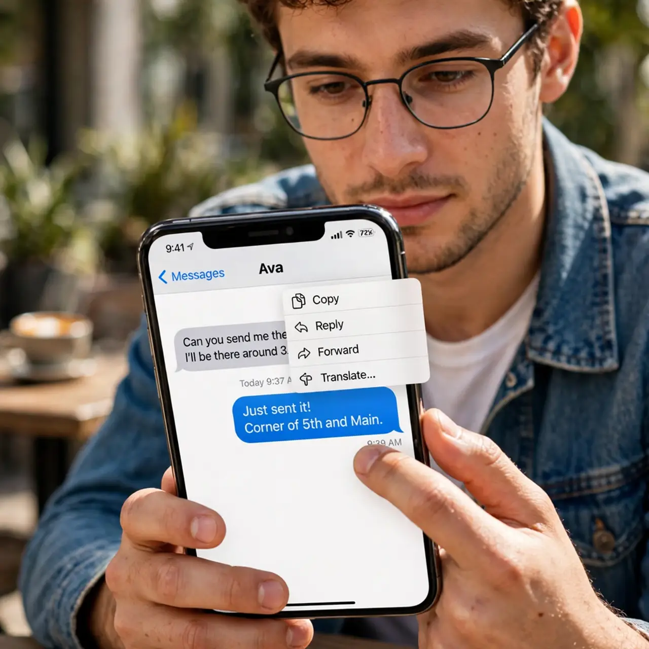 A person calmly performing the guide's first step: Long-press the message.