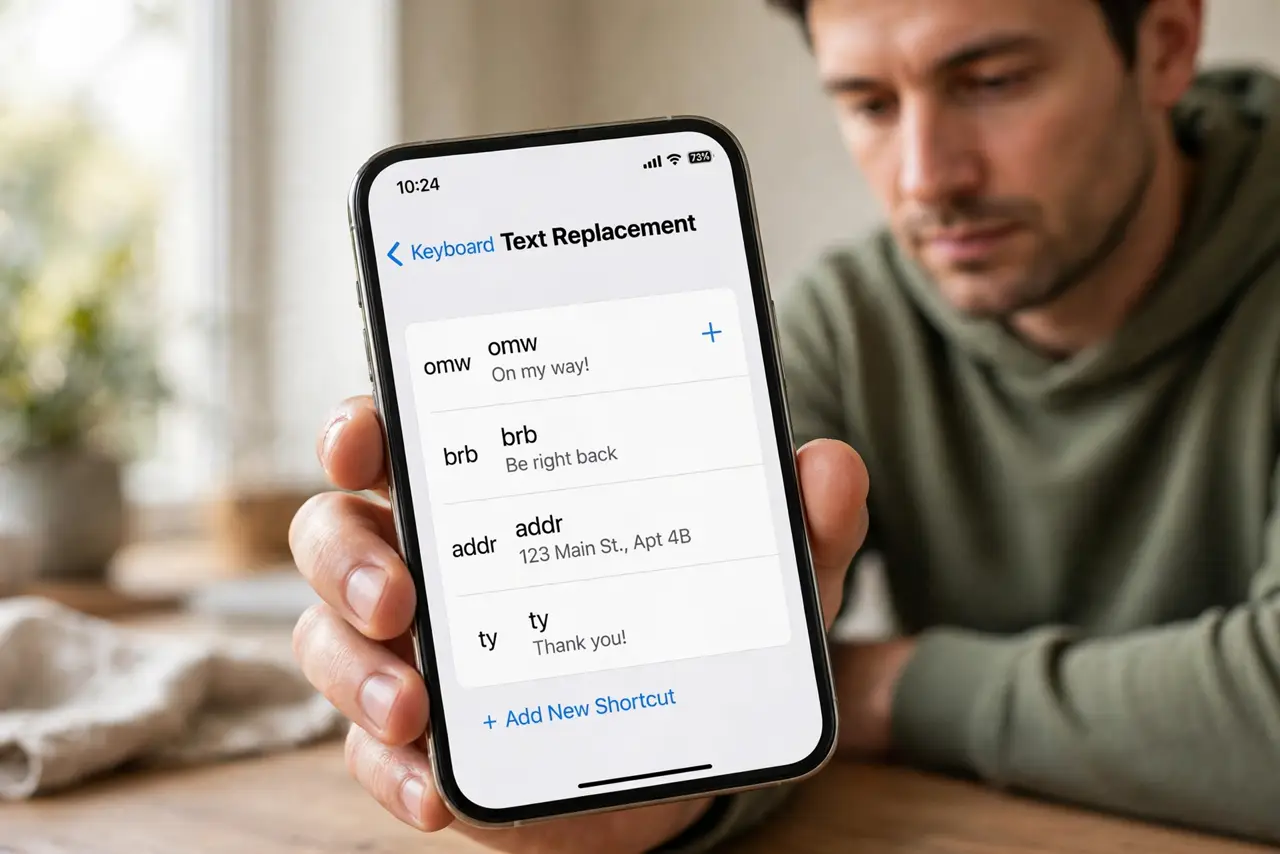 A person performing step 1: Open Text Replacement settings.