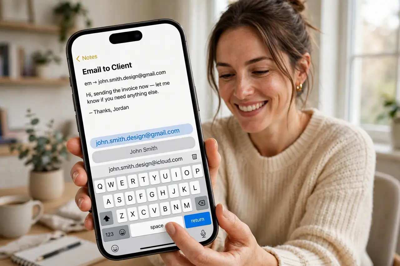 A person typing a short trigger on a real iPhone keyboard, the suggestion bar showing the expanded full email address fully legible above the keys, the person's face satisfied in a home office.