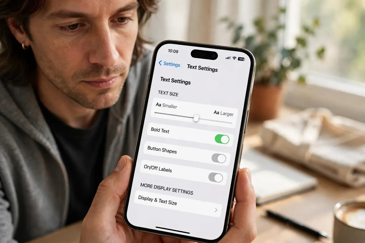 Person performing step 1: Check the app's own text settings. Open the app and look in its settings for font or text size. Many apps, especially readers and chats,...