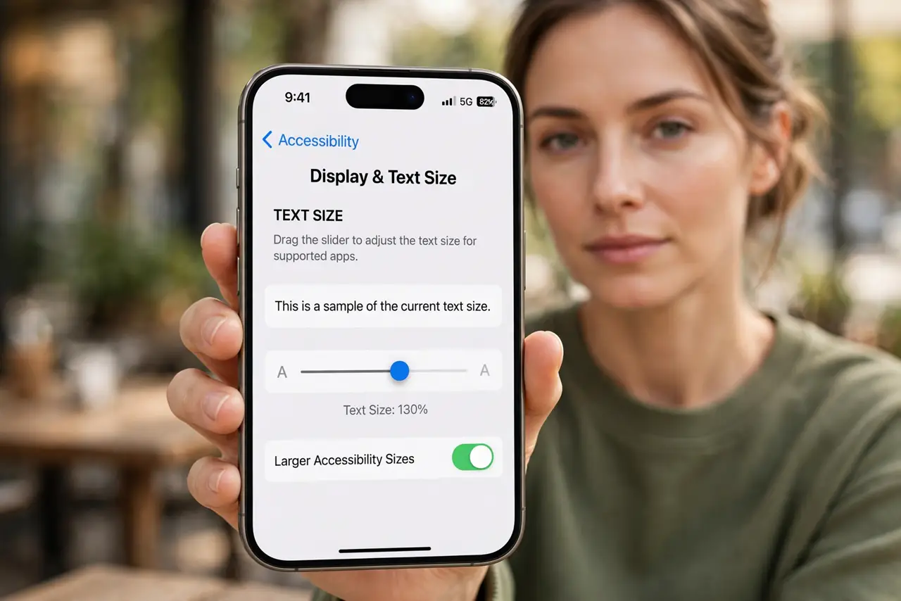 Photorealistic photo: A calm adult holding an iPhone toward the viewer, the real iPhone screen showing an app with large readable text and the text size control legible.