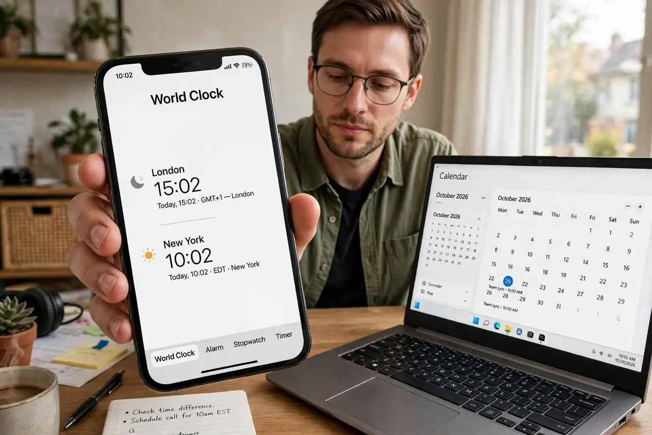 a person holding a real iPhone showing a legible world clock with two cities, a laptop with a calendar beside it, the person's face focused, home office desk.