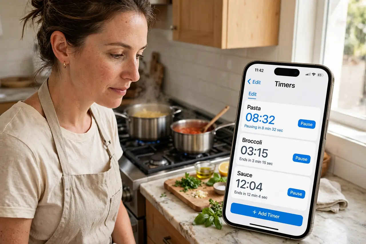 a person cooking in a kitchen glancing at a real iPhone showing multiple labeled timers with legible countdowns, pots on the stove, the person's face calm, w...