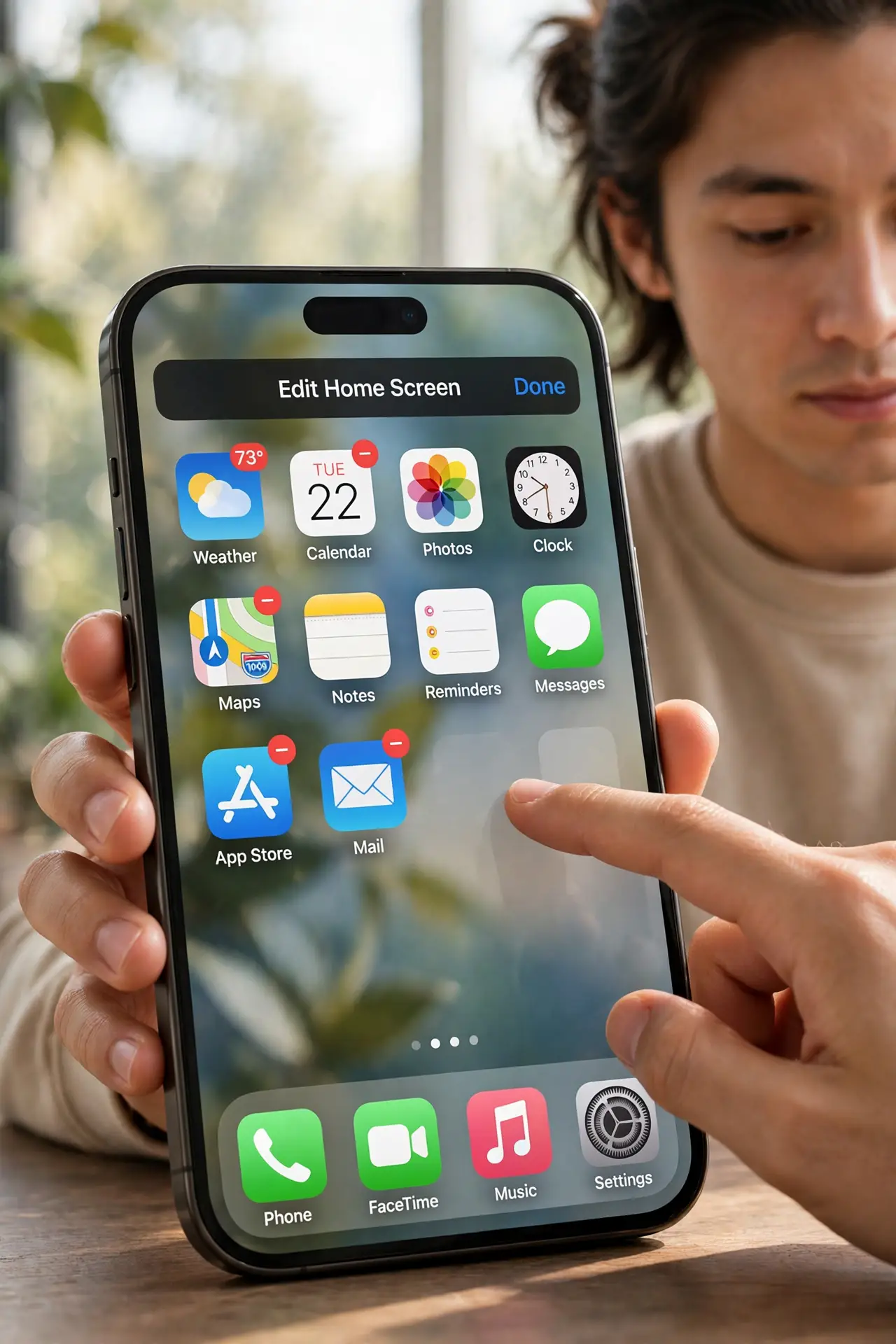 A person performing the guide's first step: Enter home screen edit mode. Long-press on an empty area of the wallpaper (not on an icon) until the icons jiggle. This is the same mode…