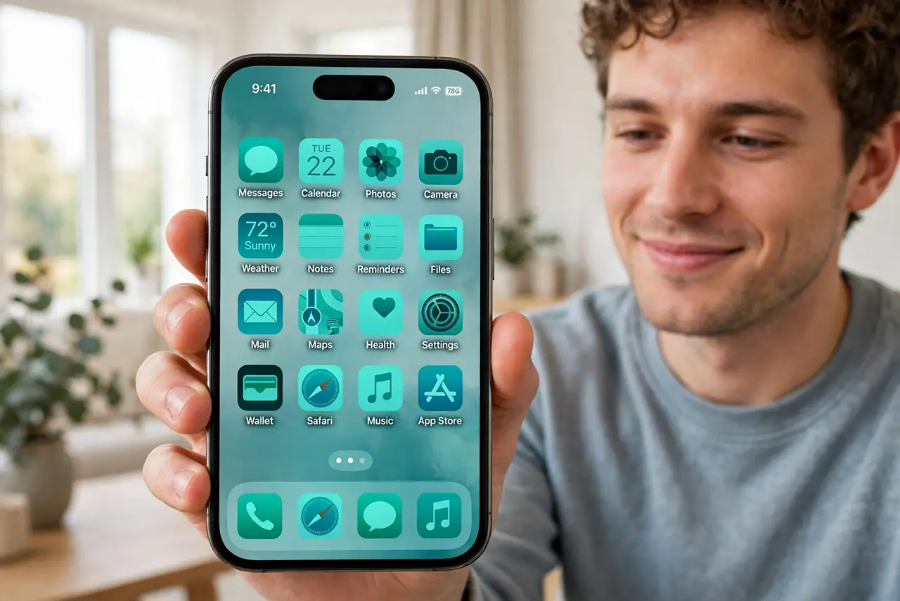 A person holding a real iPhone showing a home screen with uniformly tinted icons in a teal color matching the wallpaper, the screen fully legible, the person's face pleased, bright room.