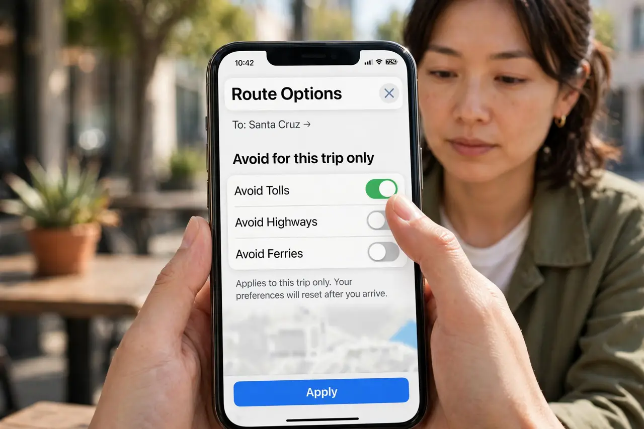 A person performing the first step of the guide: Avoid tolls for one trip. After entering a destination, tap the route options and toggle Avoid Tolls for that.