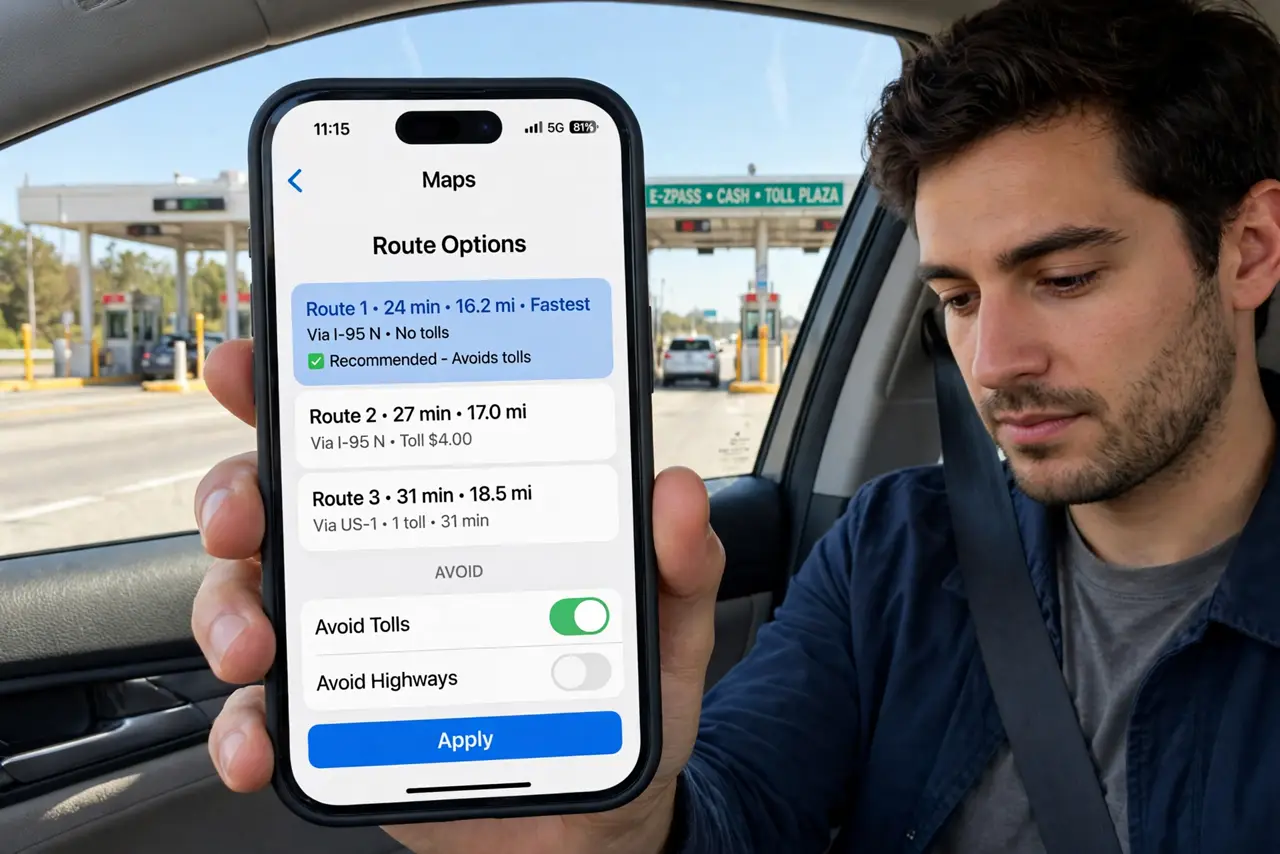 A person holding a real iPhone showing Apple Maps route options with the Avoid Tolls toggle legible, a highway toll plaza visible through the car.