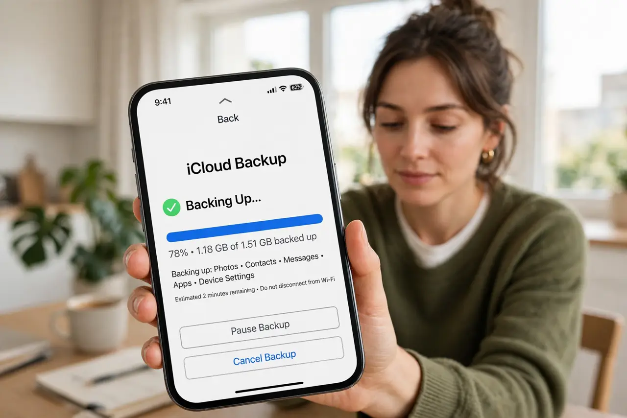 Photoreal photo of a person performing the first step: Back up everything first. Run a full backup — iCloud or computer — and confirm it completed....