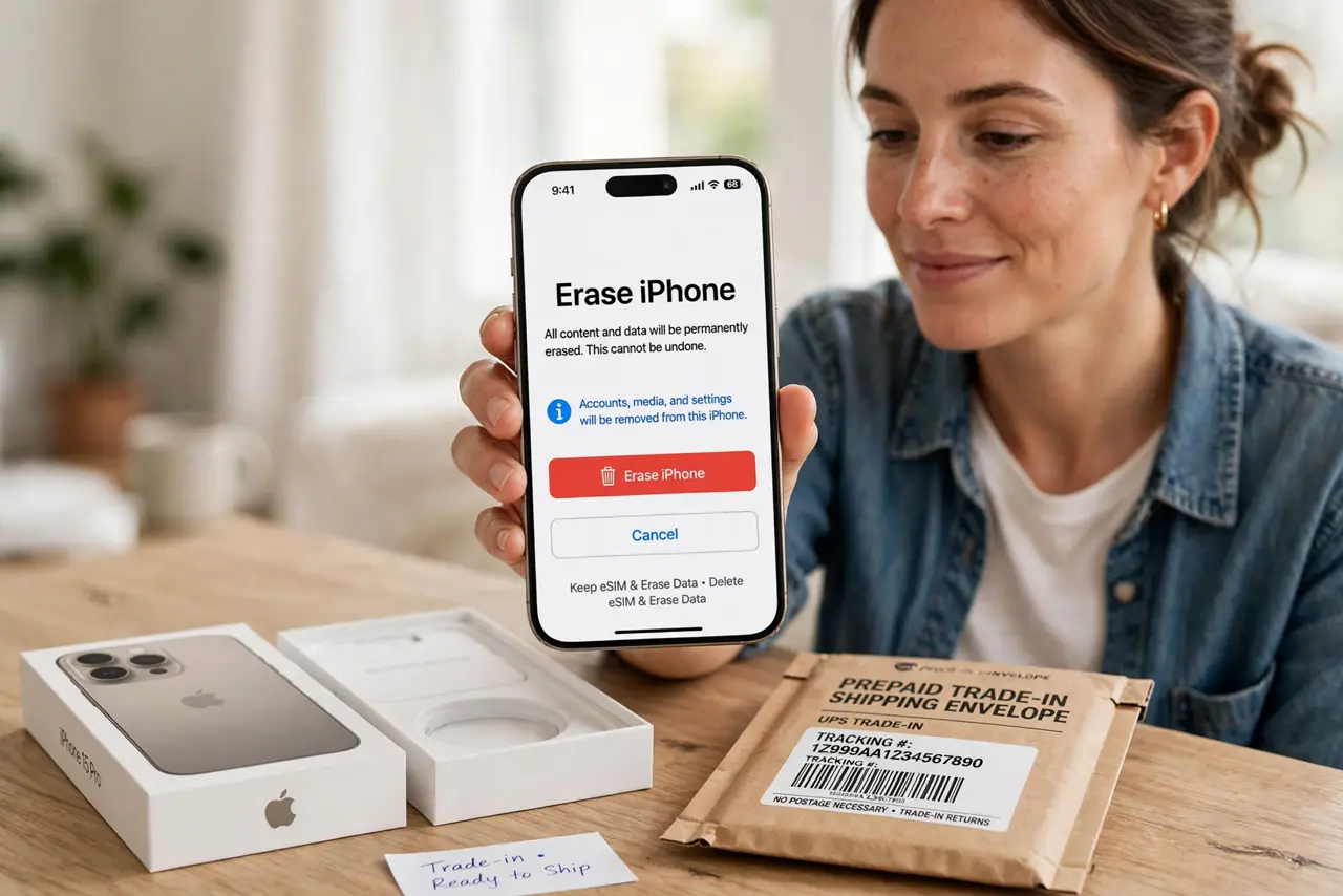 Photoreal photo: a person holding a real iPhone next to its original box with a trade-in shipping envelope on a table, the phone showing the erase screen with legible text, the person's face satisfied, bright room....
