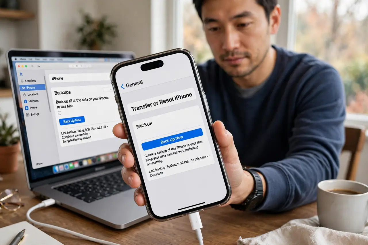A person performing the first step of the guide: Back up the old phone.