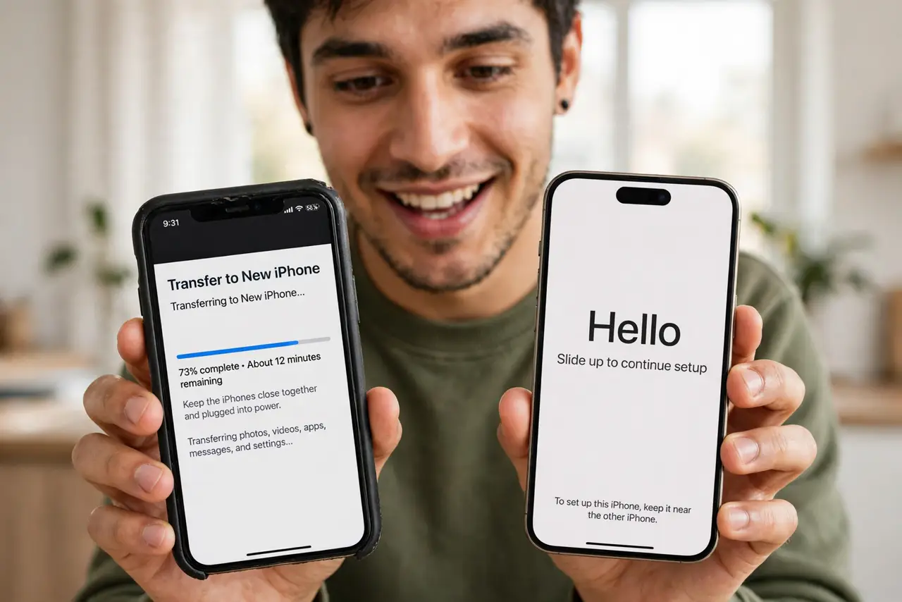 a person holding a new real iPhone next to an old real iPhone showing the legible transfer progress screen, the person's face excited, bright room.