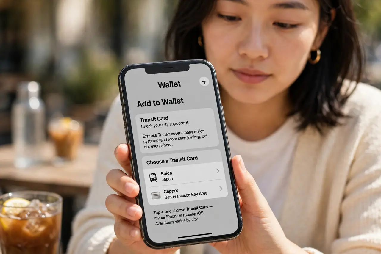 A person performing the guide's first step: Check your city supports it. Express Transit covers many major systems (and more keep joining), but not everywhere. In Wallet, tap + and…