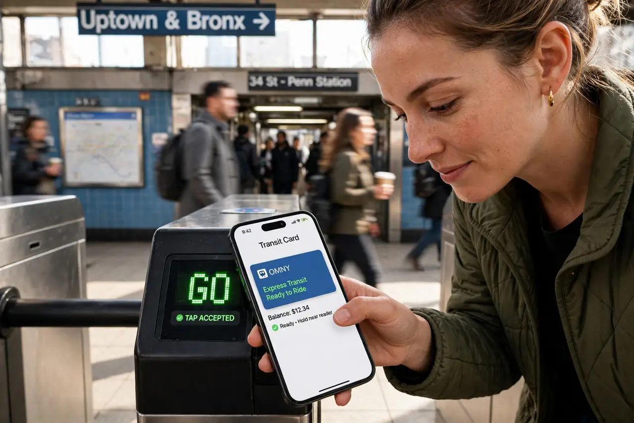 A person tapping a real iPhone at a real subway gate with a legible transit card UI on screen, commuters behind, the person's face relieved, station..