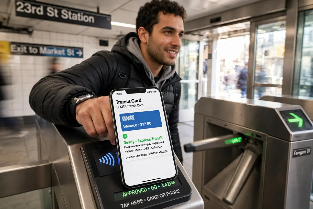 A person tapping a real iPhone on a subway gate reader, the Wallet transit card visible with legible text on screen, the person's face confident and moving.