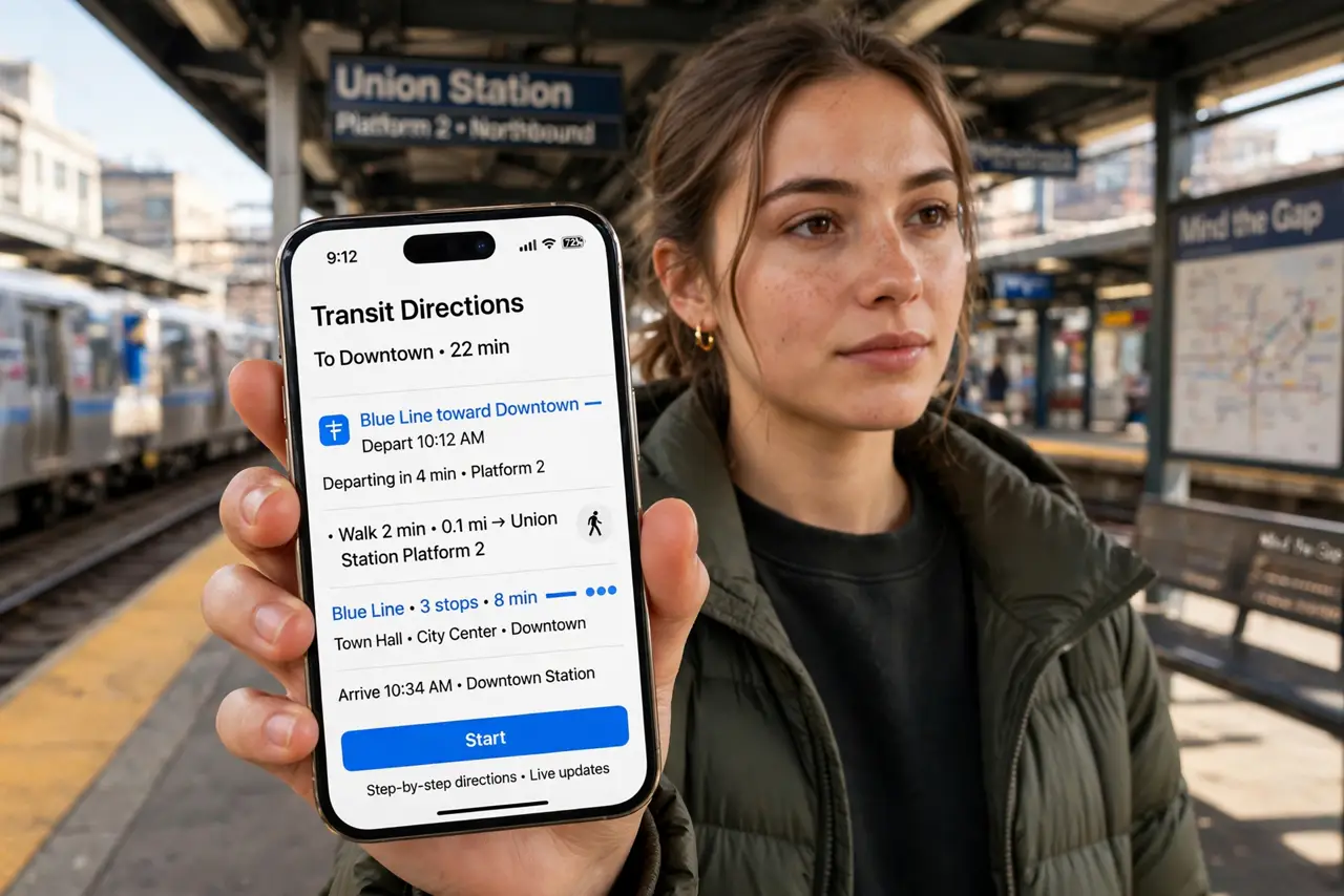 a person holding a real iPhone showing legible transit directions with train lines, standing on a train platform, the person's face confident, station.