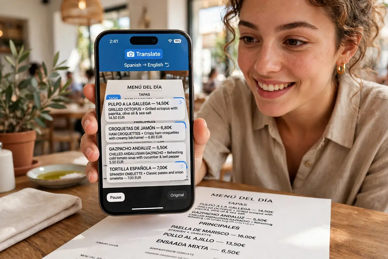 A person holding a real iPhone up to a real printed restaurant menu in Spanish, the iPhone screen showing a live camera view with legible translated overlay…