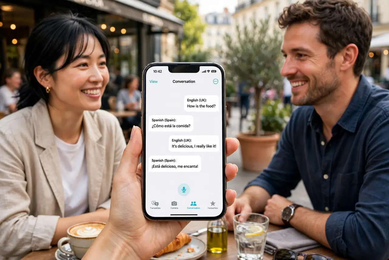 two people facing each other at a cafe table, one holding a real iPhone showing the Translate conversation mode with legible translated text, both faces engaged and smiling, daytime.