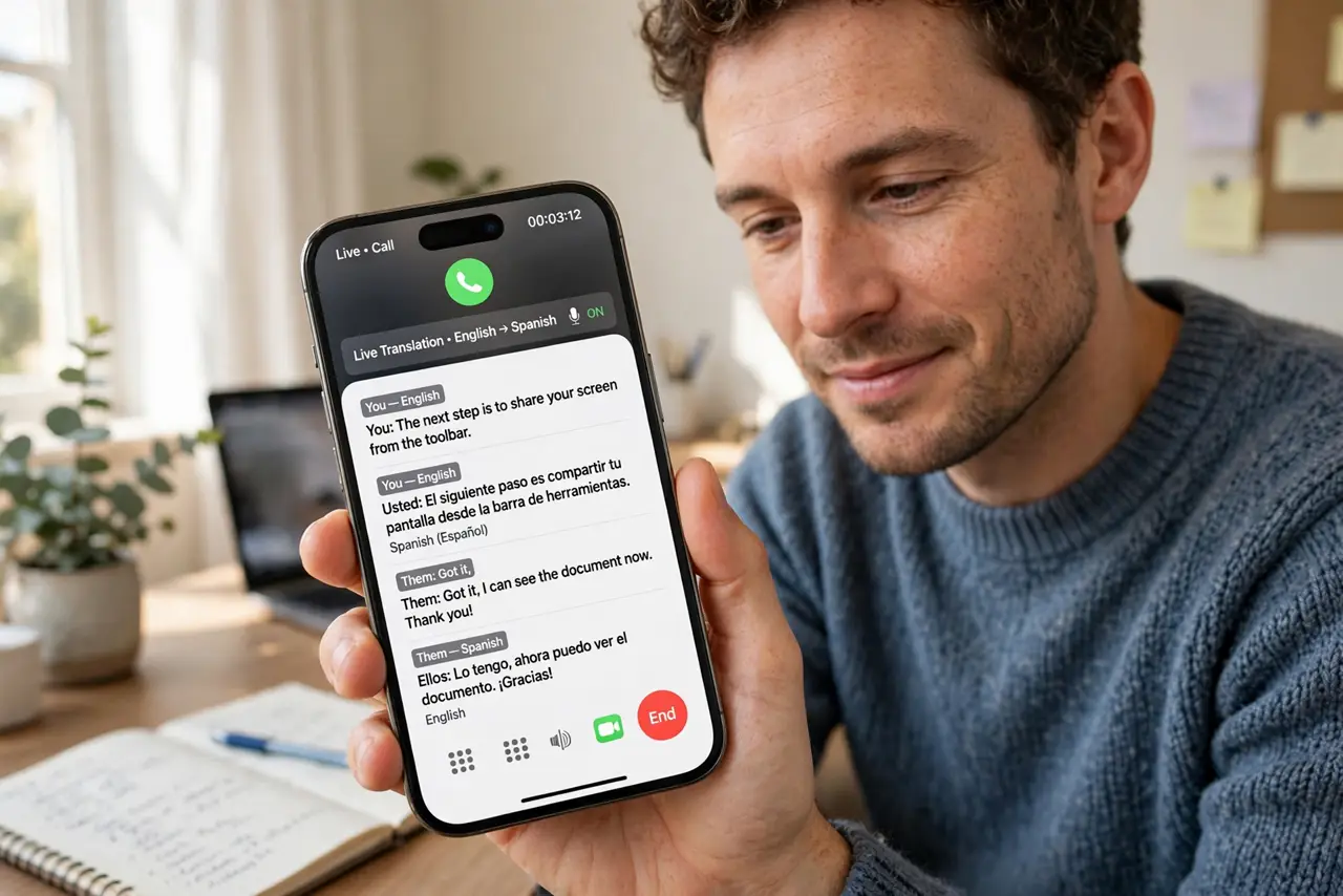 a person holding a real iPhone during a call with live-translated captions legible on screen, the person's face relieved and engaged, home office.