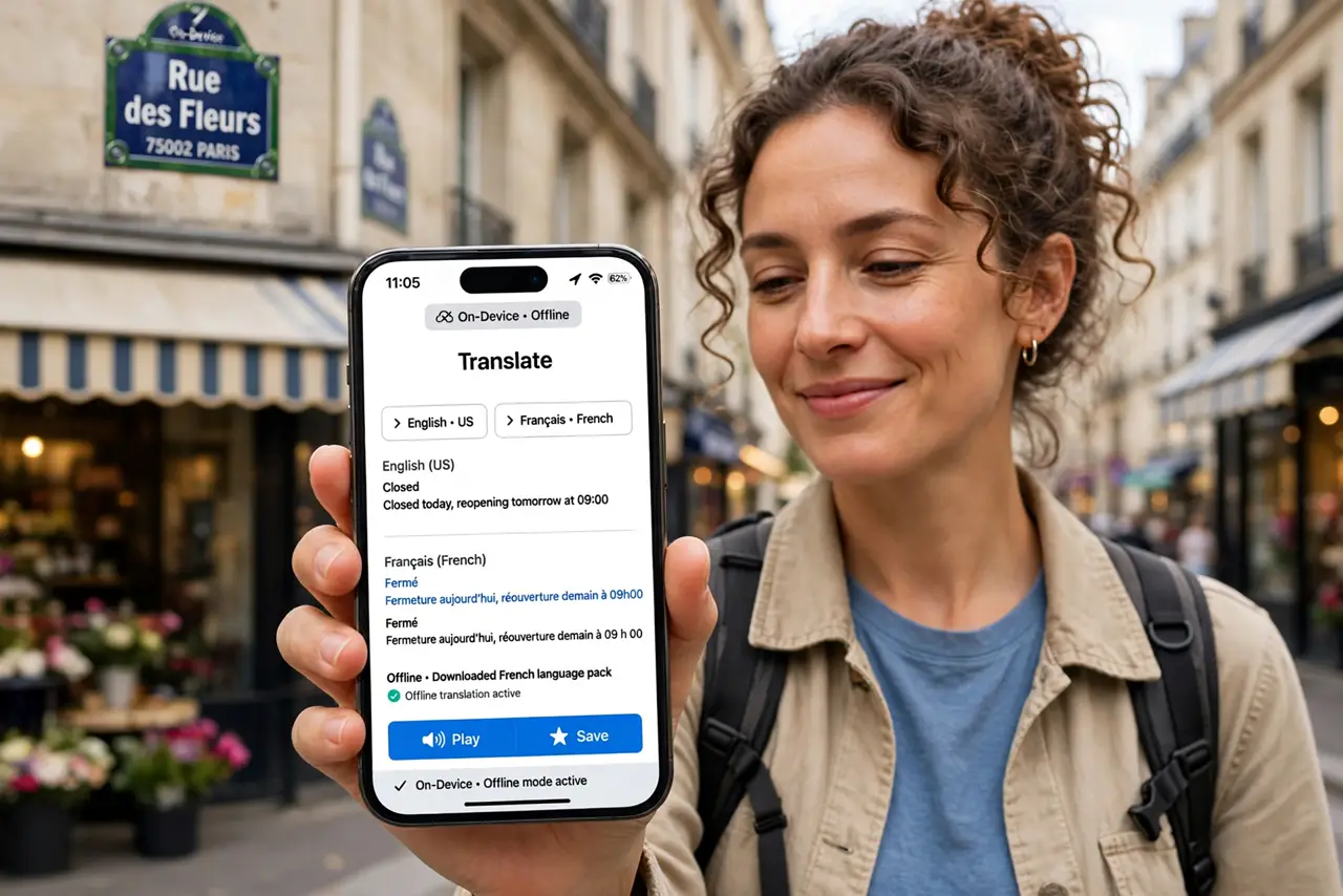 a traveler holding a real iPhone showing the Translate app working offline with a legible translation, a foreign-language street sign in the background, the person's face relieved, daytime.