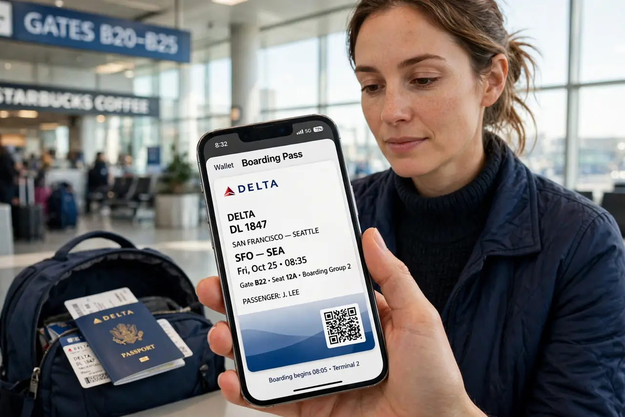 a person at an airport holding a real iPhone showing a legible boarding pass on screen, a passport and backpack nearby, the person's face calm and prepared, ...