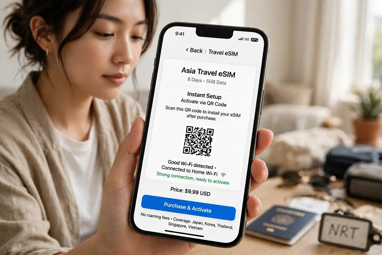 Photoreal photo of a person performing the first step: Buy before you fly. Purchase the eSIM while you still have good Wi-Fi — installing it at the ai